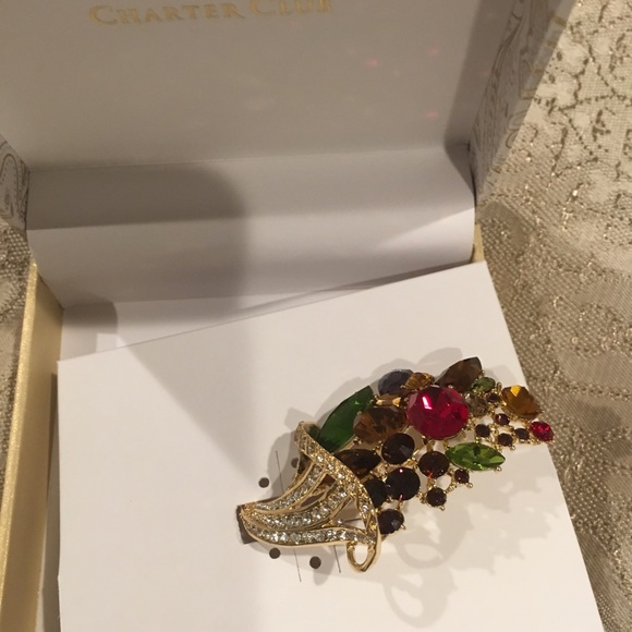 Metallic Gold-tone Crystal Cornucopia Pin - Picture 3 of 4